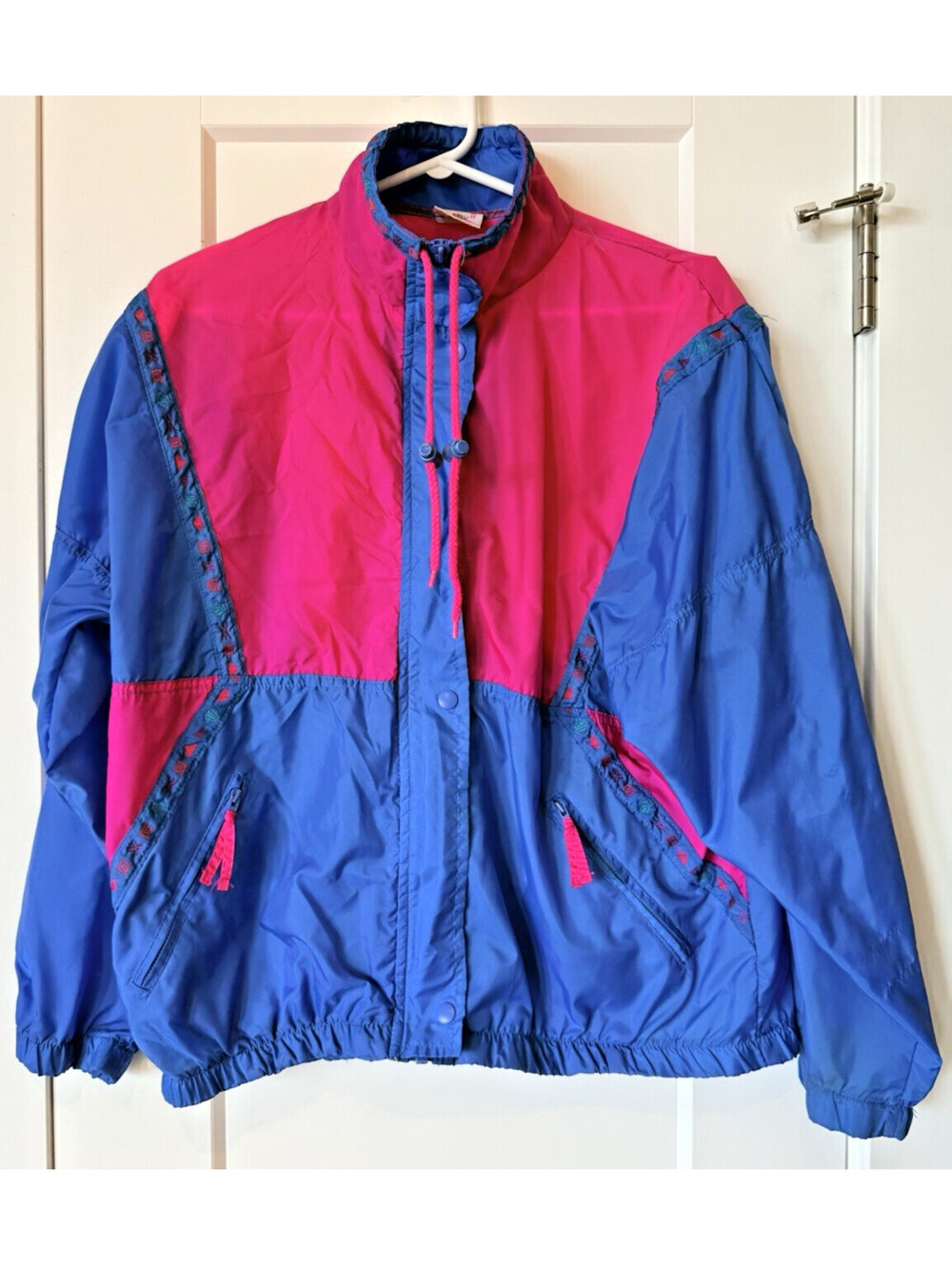 Vtg Medium Lady Footlocker Track Jacket 90s Wind Breaker Pink Blue Zipper